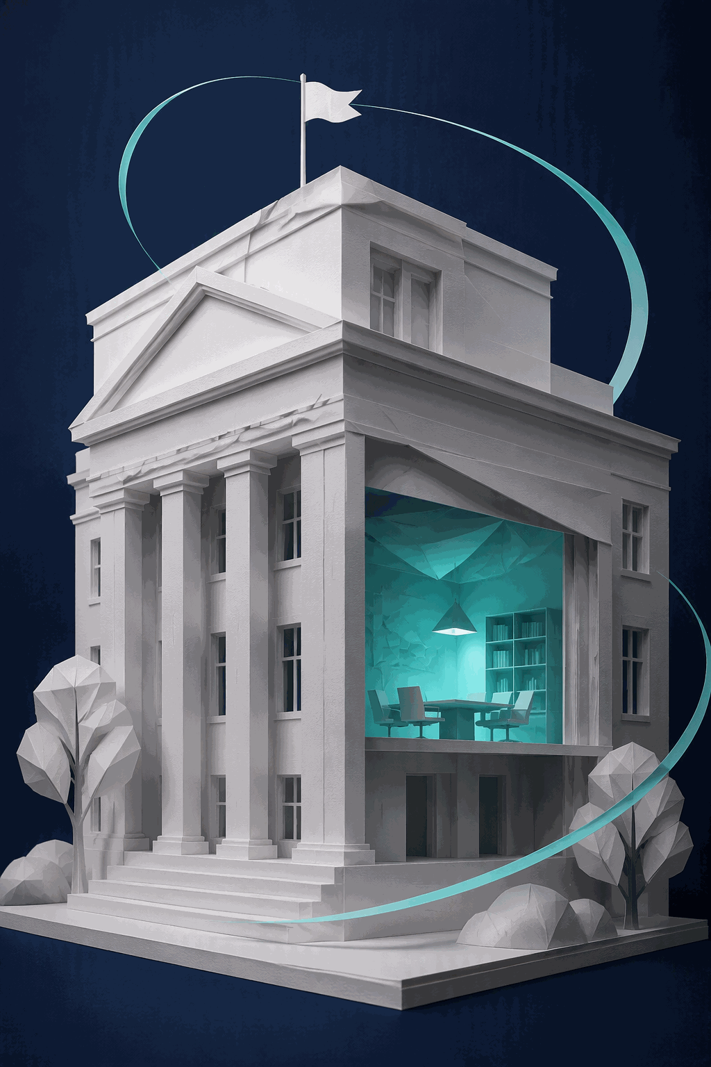 Paper-craft institutional building with one room glowing teal from within