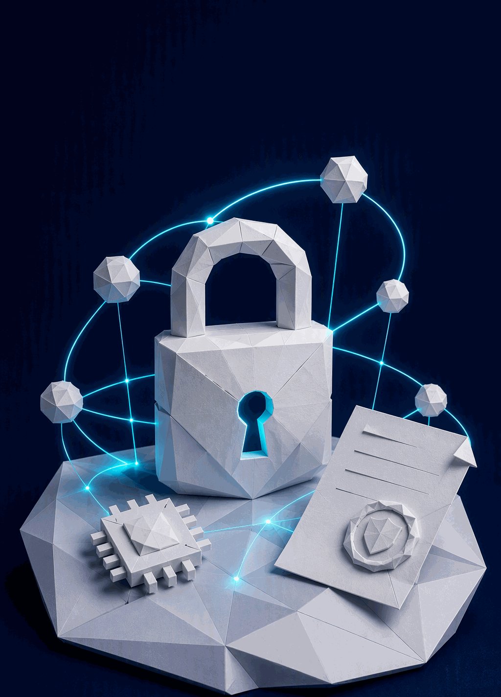 Paper-craft padlock, microchip and sealed document connected by glowing arcs